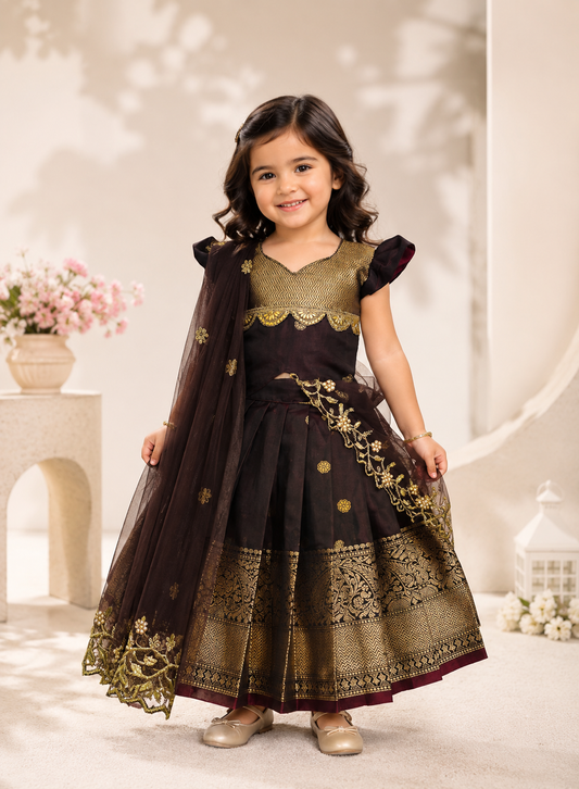 Chocolate Brown Pattu Pavada with Detachable Dupatta