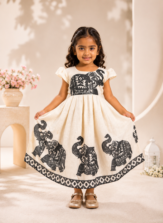 Summer Collection- White Lenin Frock with Elephant Print