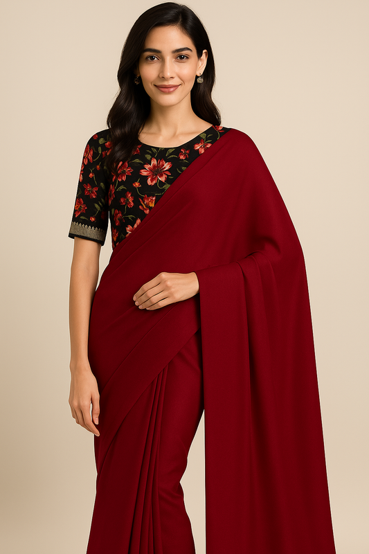 Maroon And Black Colour Pure Mangalagiri Silk Plain Saree With Contrast Digital Print Blouse