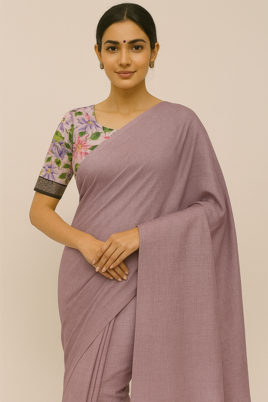 Lilac Colour Pure Mangalagiri Silk Plain Saree With Contrast Digital Print Blouse