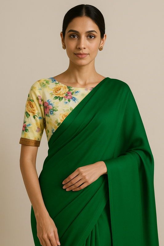 Green Colour Pure Mangalagiri Silk Plain Saree With Contrast Digital Print Blouse
