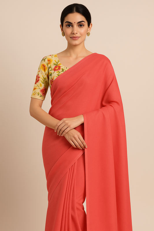 Orange Colour Pure Mangalagiri Silk Plain Saree With Contrast Digital Print Blouse