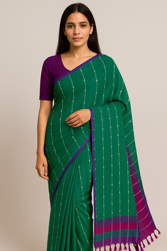 Peacock Green Colour Pure Mangalagiri Silk Saree With Zute Lines