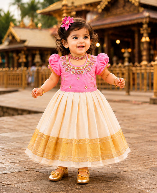 Pink Top And Kerala Cotton Pattu Pavada