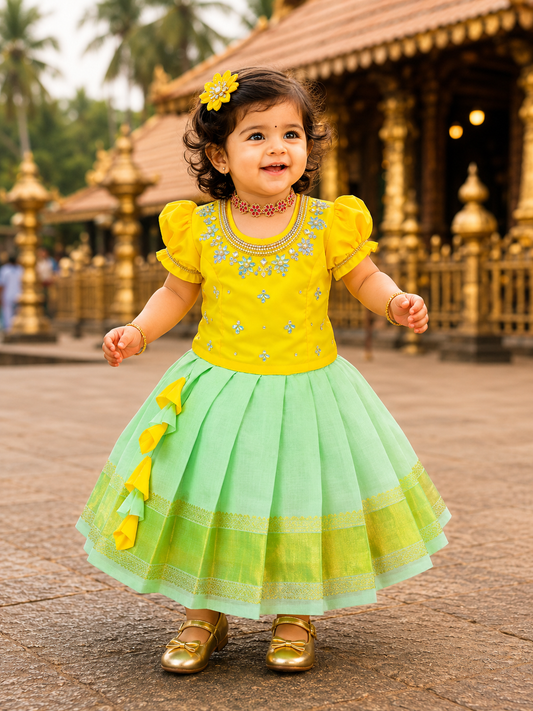 Yellow Top And Kerala Cotton Pattu Pavada