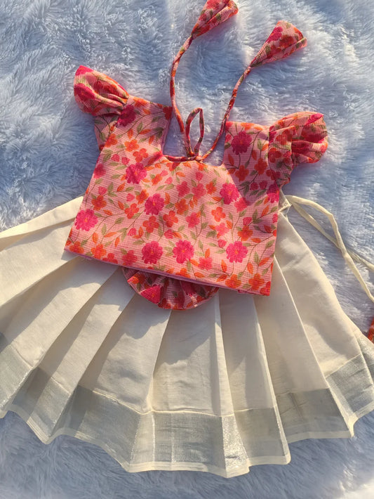 Floral Pink Kota Cotton Top & Kerala Cotton Bottom