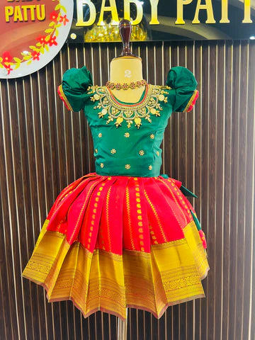 Green Top And Red Color Bottom Pattu Pavada