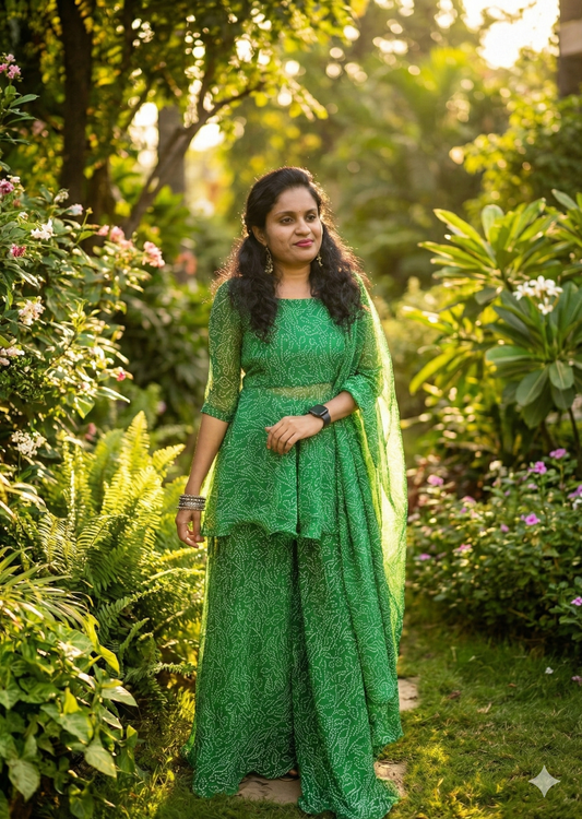 Green Bandini Print Peplum Top & Palazzo Set with Long Dupatta