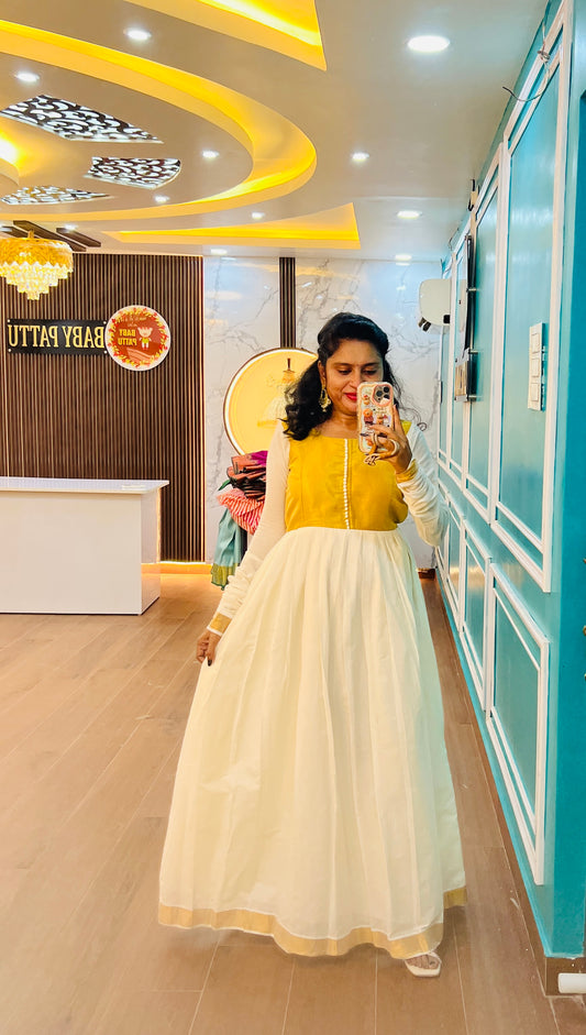 Beautiful Gold And White Kerala Long Frock