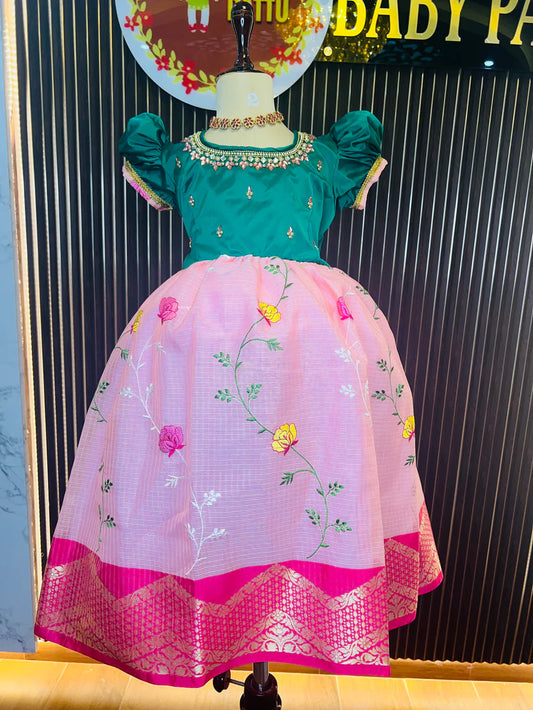 Green And Peach Kota Embroidery Frock
