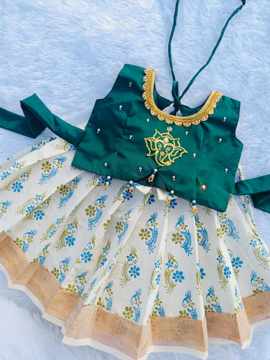 Green Crop Top And Floral Print Keral Cotton Pattu Pavada