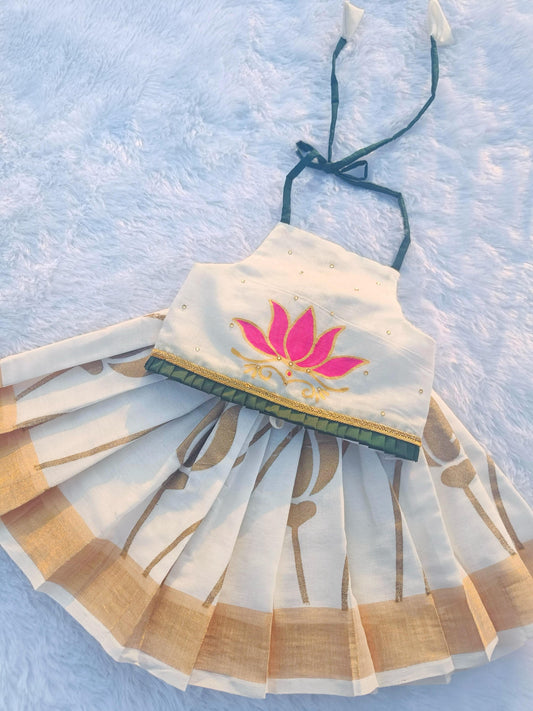 🌾Lotus Hand painted Kerala Cotton Crop Top Pattu Pavada|| Vishu Collection || 2025 || 🌾