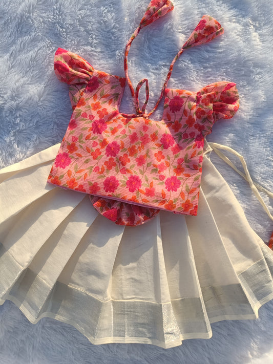 Floral Pink Kota Cotton Top & Kerala Cotton Bottom