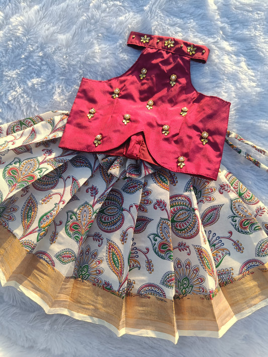 Red Top And Floral Print Kerala Cotton Bottom Pattu Pavada