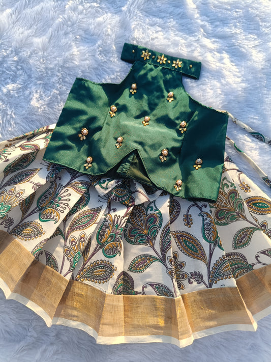 Green Top And Floral Print Kerala Cotton Bottom Pattu Pavada