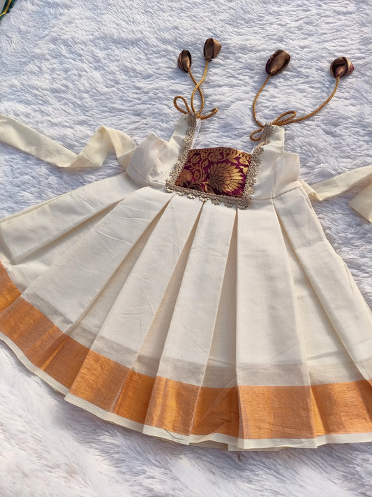 Maroon & White Kerala Cotton Frock || Onam Collections 2026