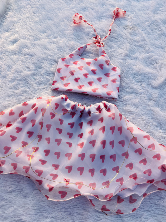 White  With Cute Little Hearts in Red Organza Pattu Pavada