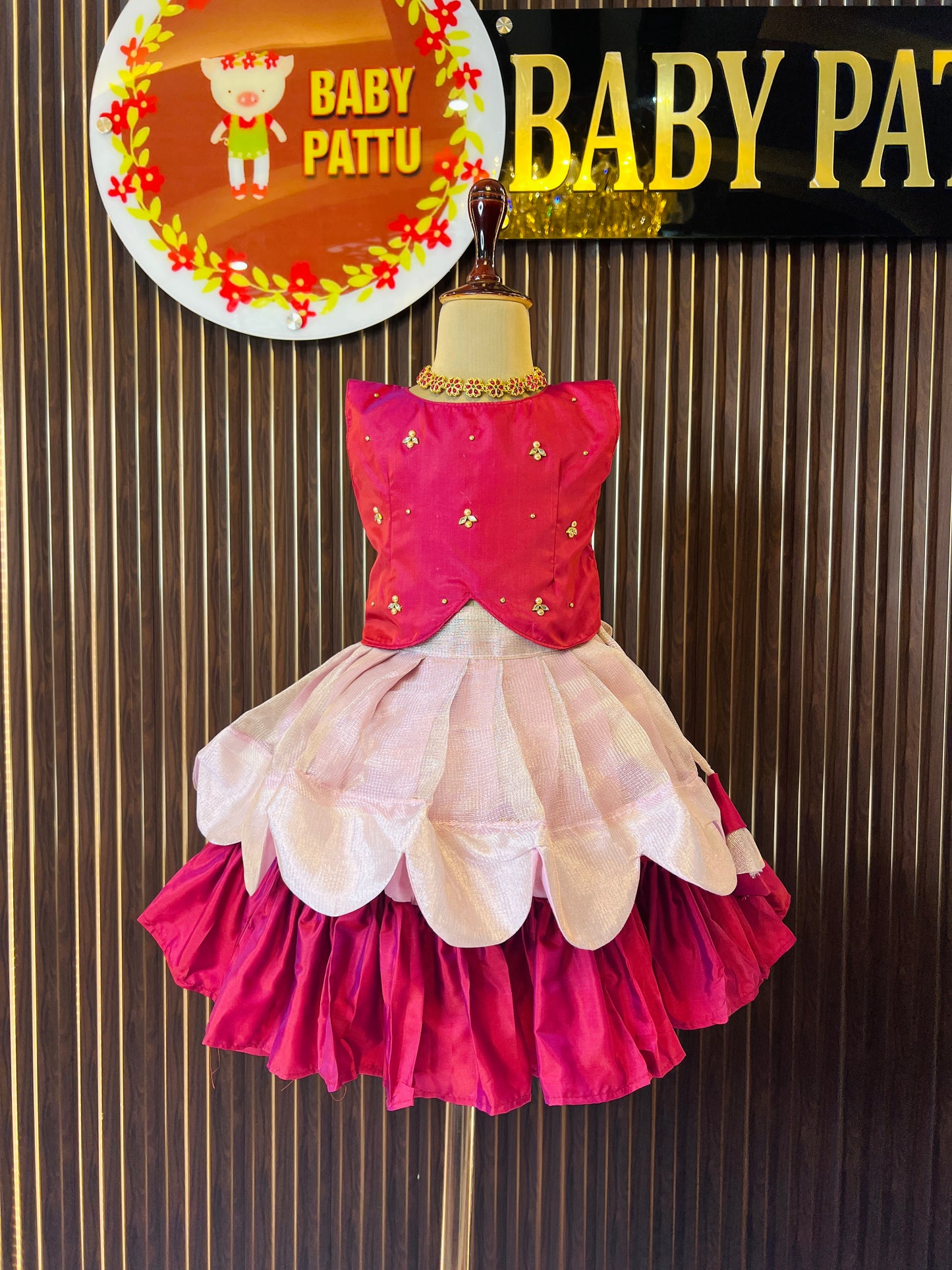 Maroon & Light Pink Tissue Pattu Pavada