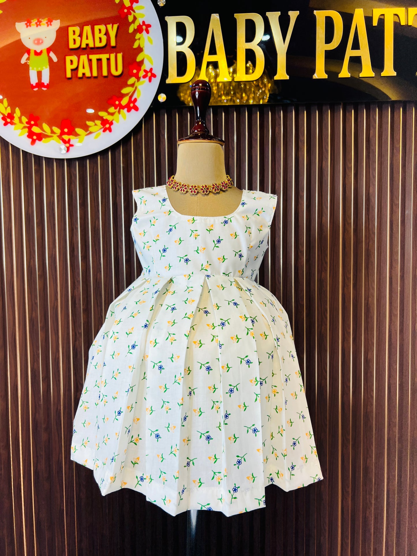 White Dobby Cotton Frock with Green Floral