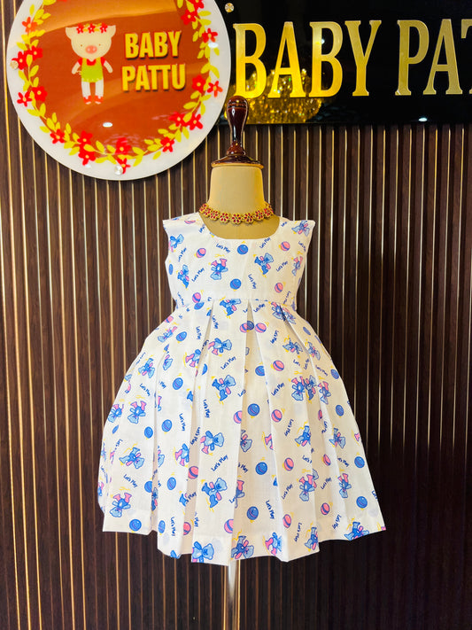 Blue Cotton Frock With Teady Print