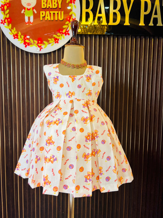 Orange Cotton Frock With Teady Print