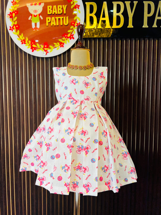 Pink Cotton Frock With Teady Print