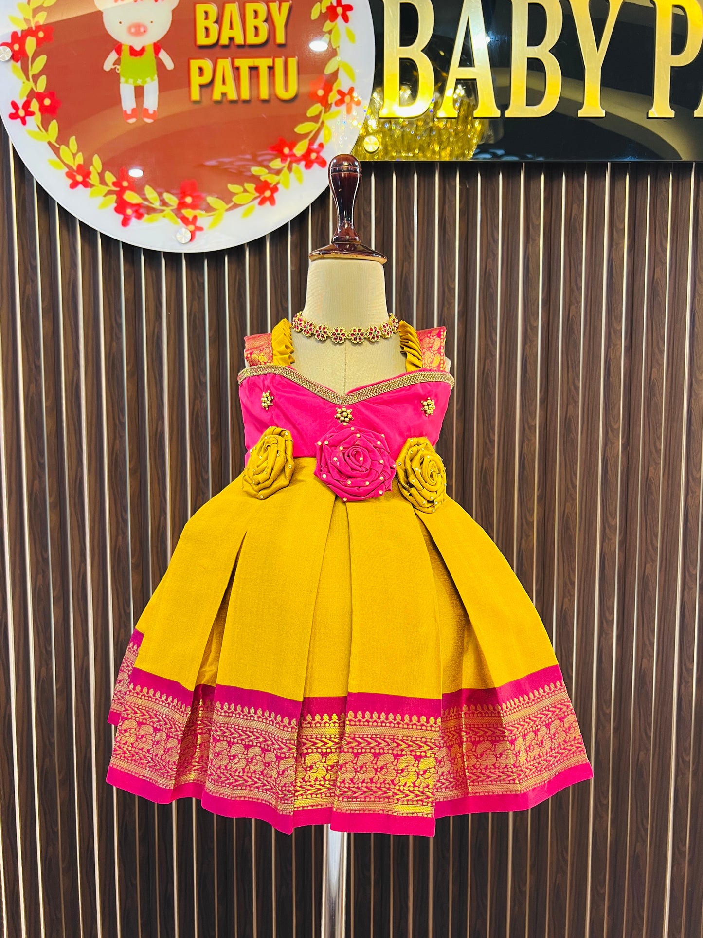 Rani Pink & Yellow Color Frock
