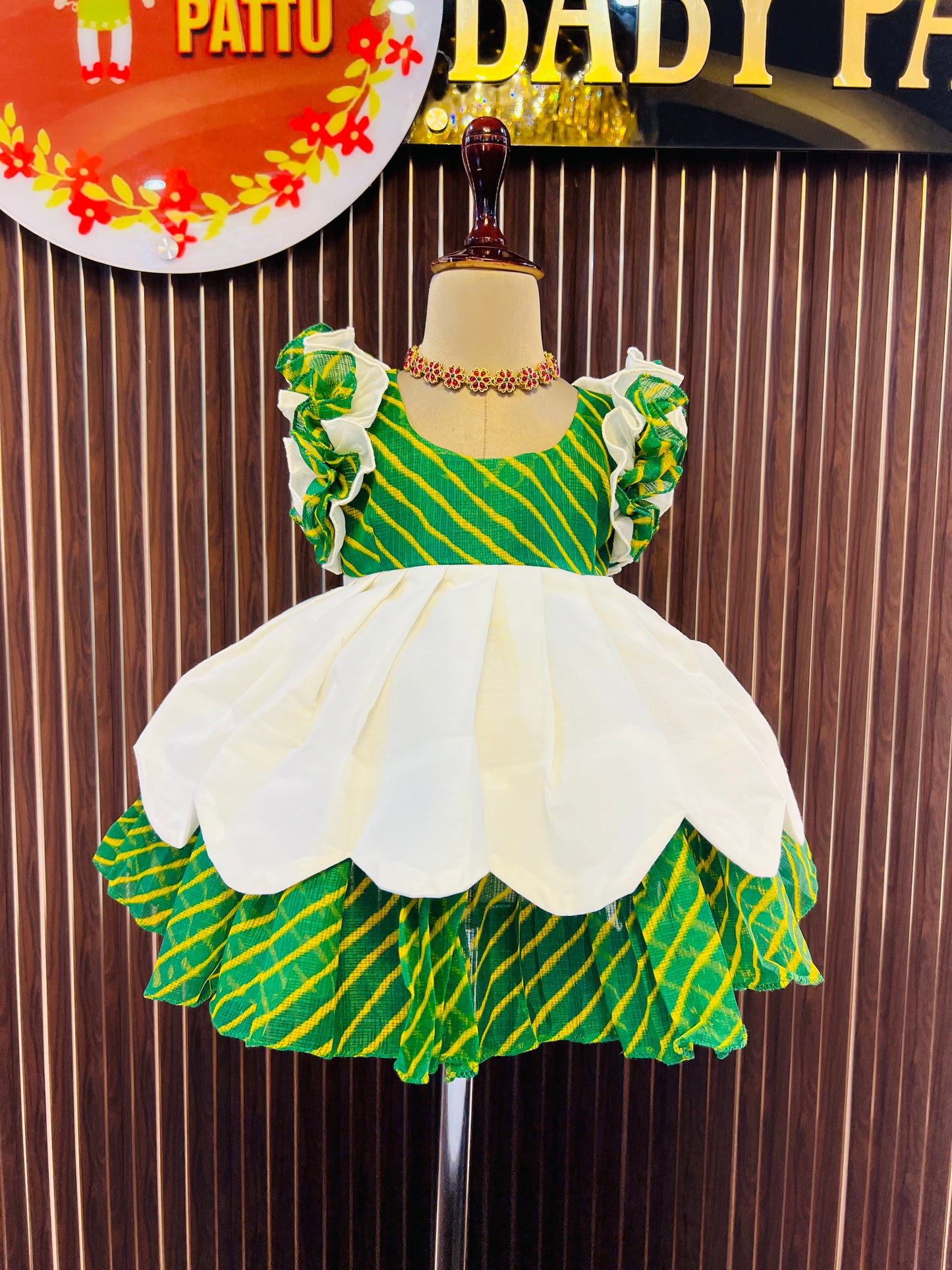 Summer Collections -Green Color Kota & Kerala Cotton With Bandini Print scallop border Frock