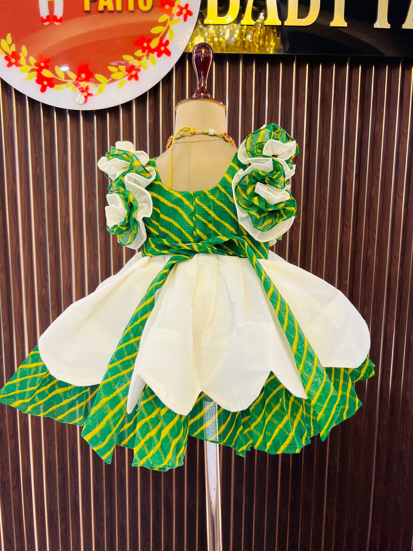 Summer Collections -Green Color Kota & Kerala Cotton With Bandini Print scallop border Frock