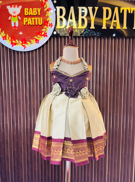 3D Floral Silk Frocks – Beautifully crafted Brown And Beige Color Frock with handmade fabric flowers