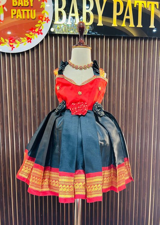 3D Floral Silk Frocks – Beautifully Crafted Red And Black Color Frock with Handmade Fabric Flowers