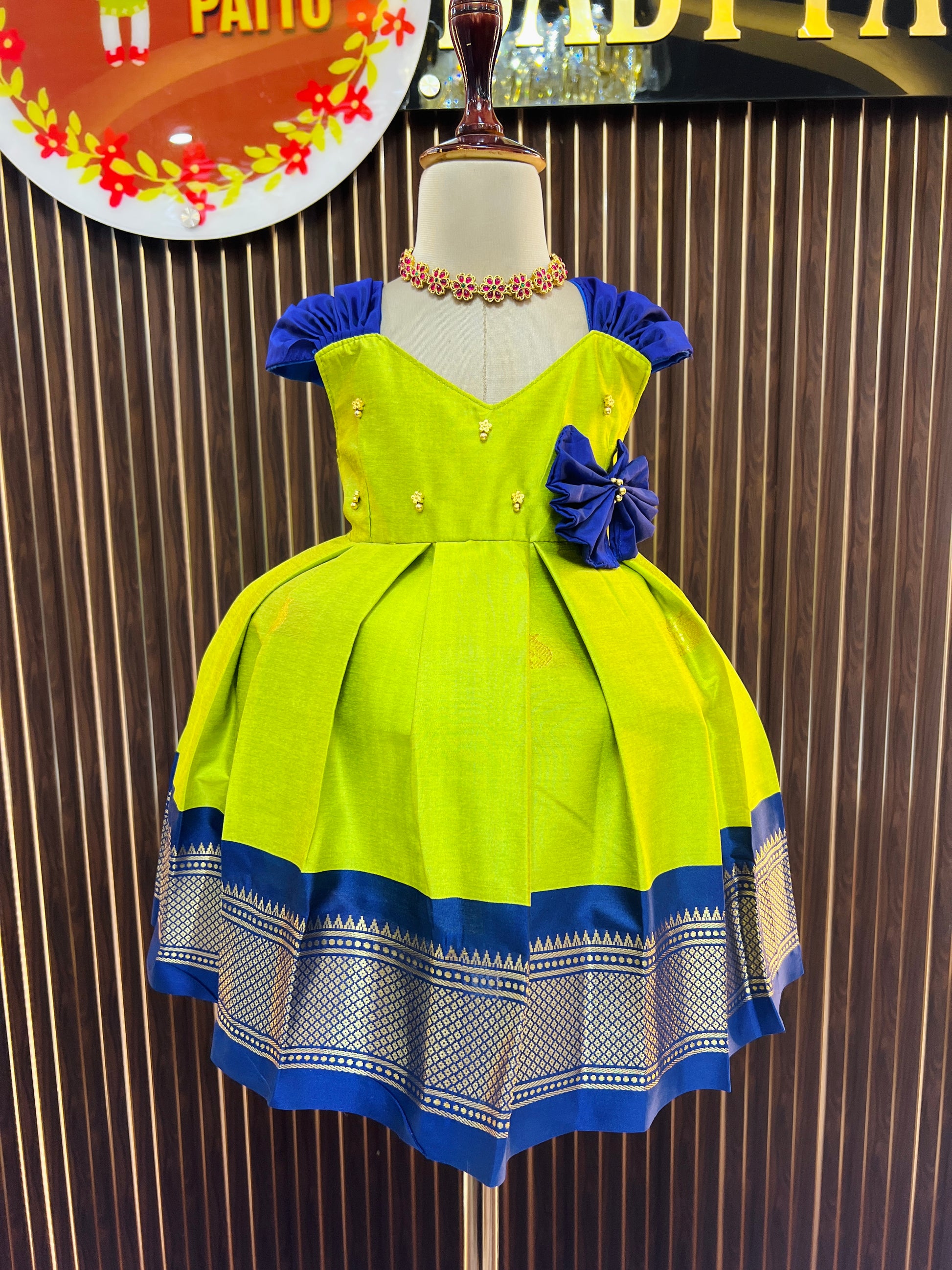 Blue And Neon Green Cute Bow Frock  babypattustudio