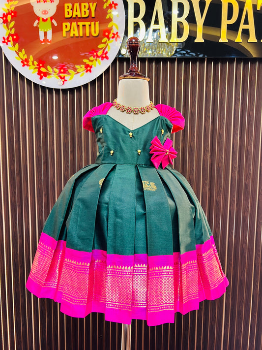 Pink And Bottle Green Color Cute Bow Frock