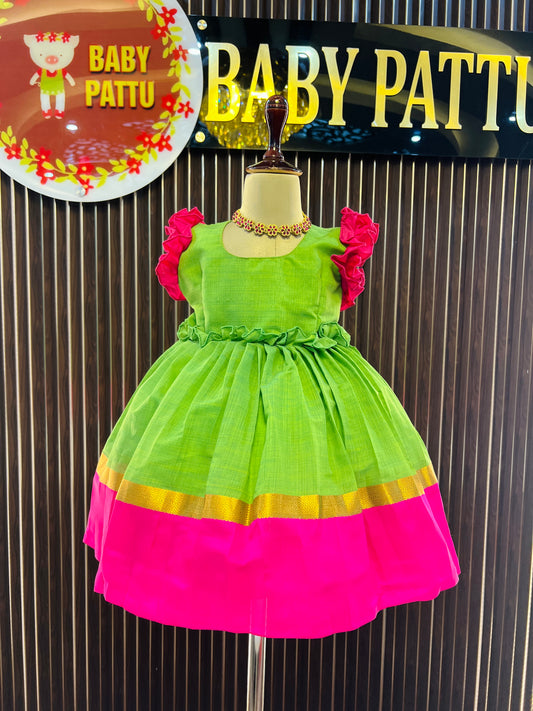 Rani Pink And Parrot Green Cotton Frock