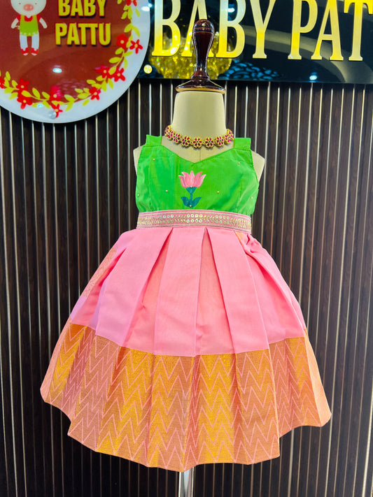 Hand Painted Green And Pink Frock - Summer Collections
