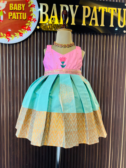 Hand Painted Cotton Pink and Sea Green Frock - Summer Collections