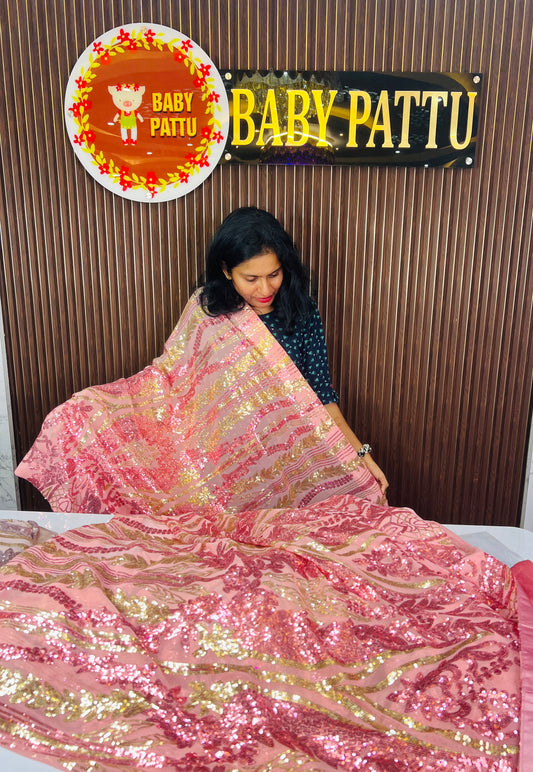 Elegant Baby Pink Heavy Sequence Fancy Silk Saree
