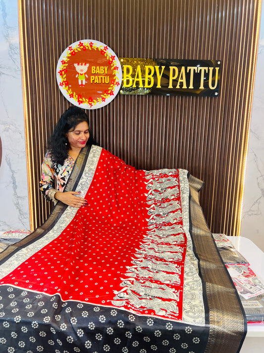 Black And Red  DOLA Silk Saree With  KALAMKARI Print