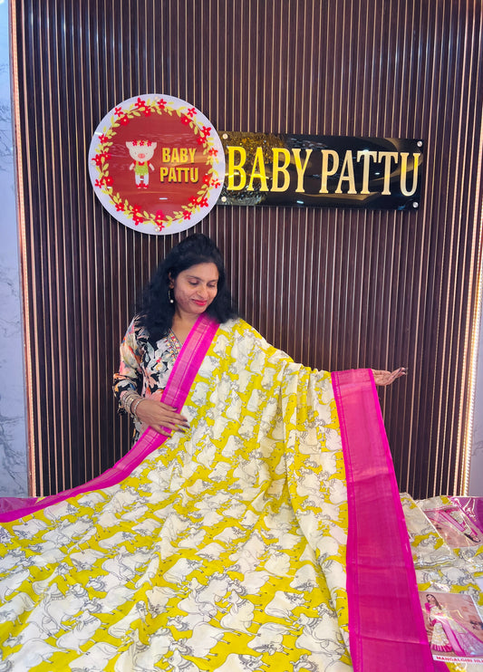 Pichwai Cow Print Lemon yellow And Bright Pink Dola Silk  Saree