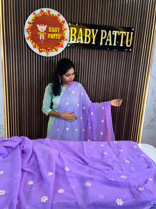 Lavender Color Saree With White Flowers