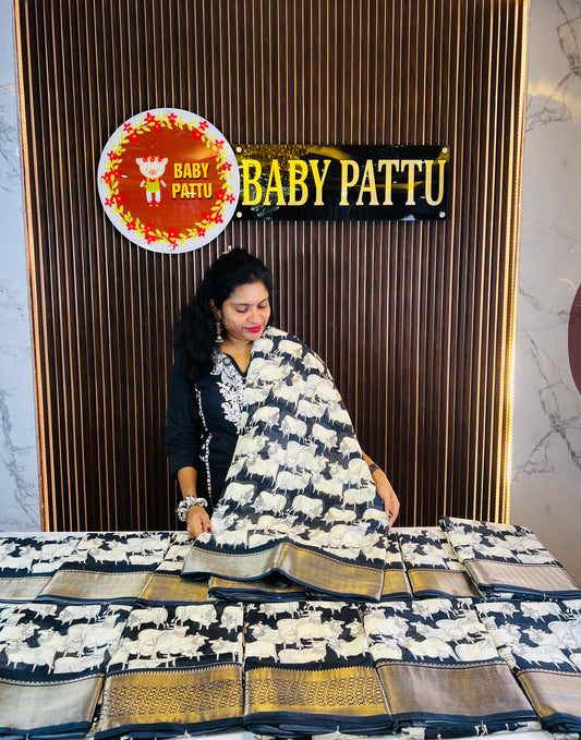 Pichwai Cow Print Black and White Dola Silk Light weight Saree