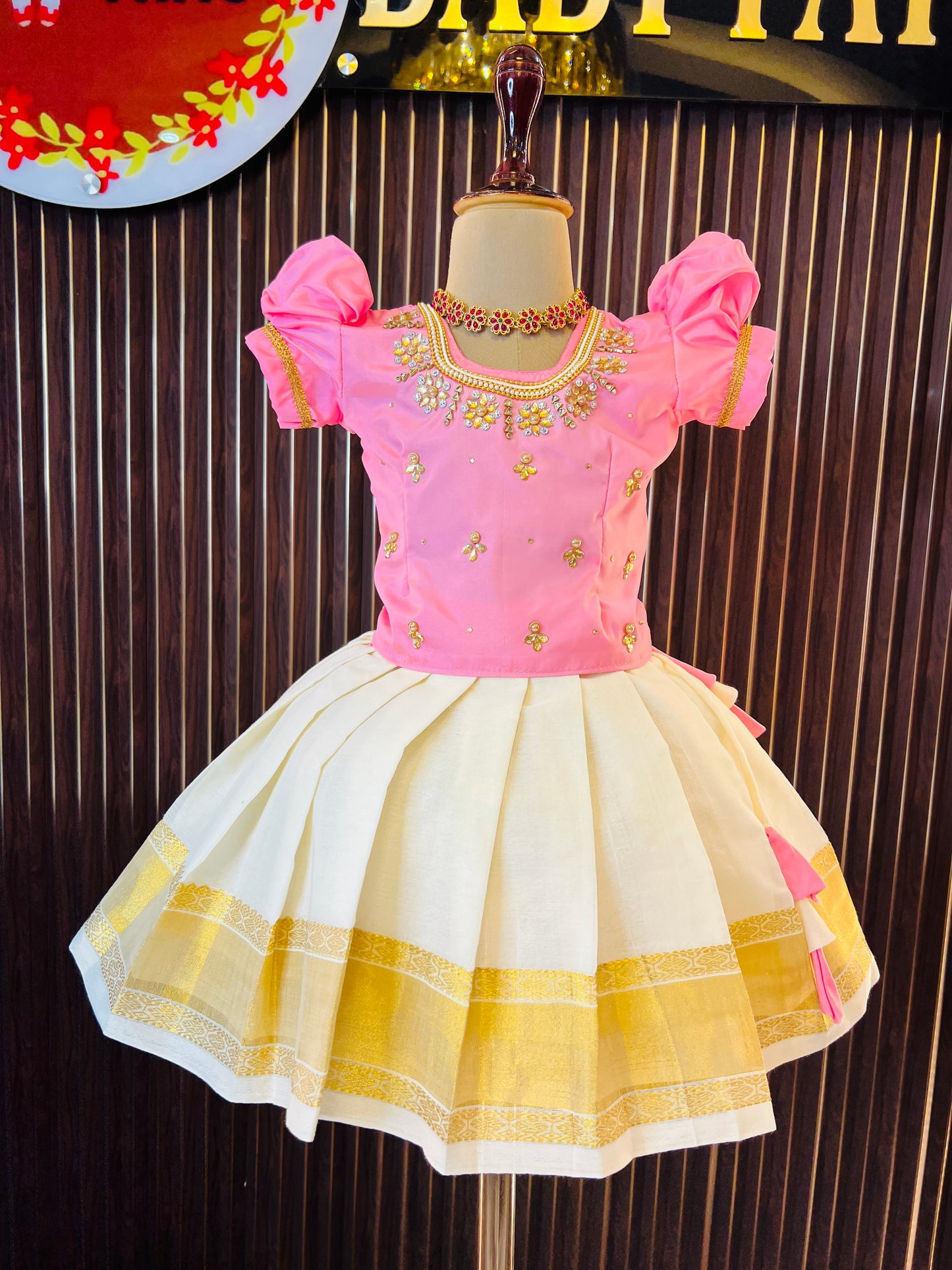 Pink Top And Kerala Cotton Pattu Pavada