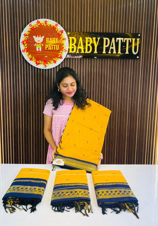 Mustard Yellow & Navy Blue Kalyani Cotton Saree