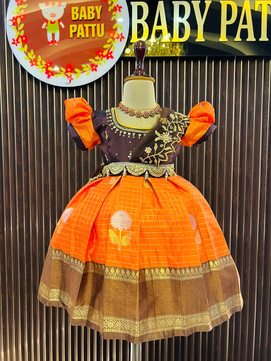 Chocolate Brown & Orange Frock with Detachable Dupatta