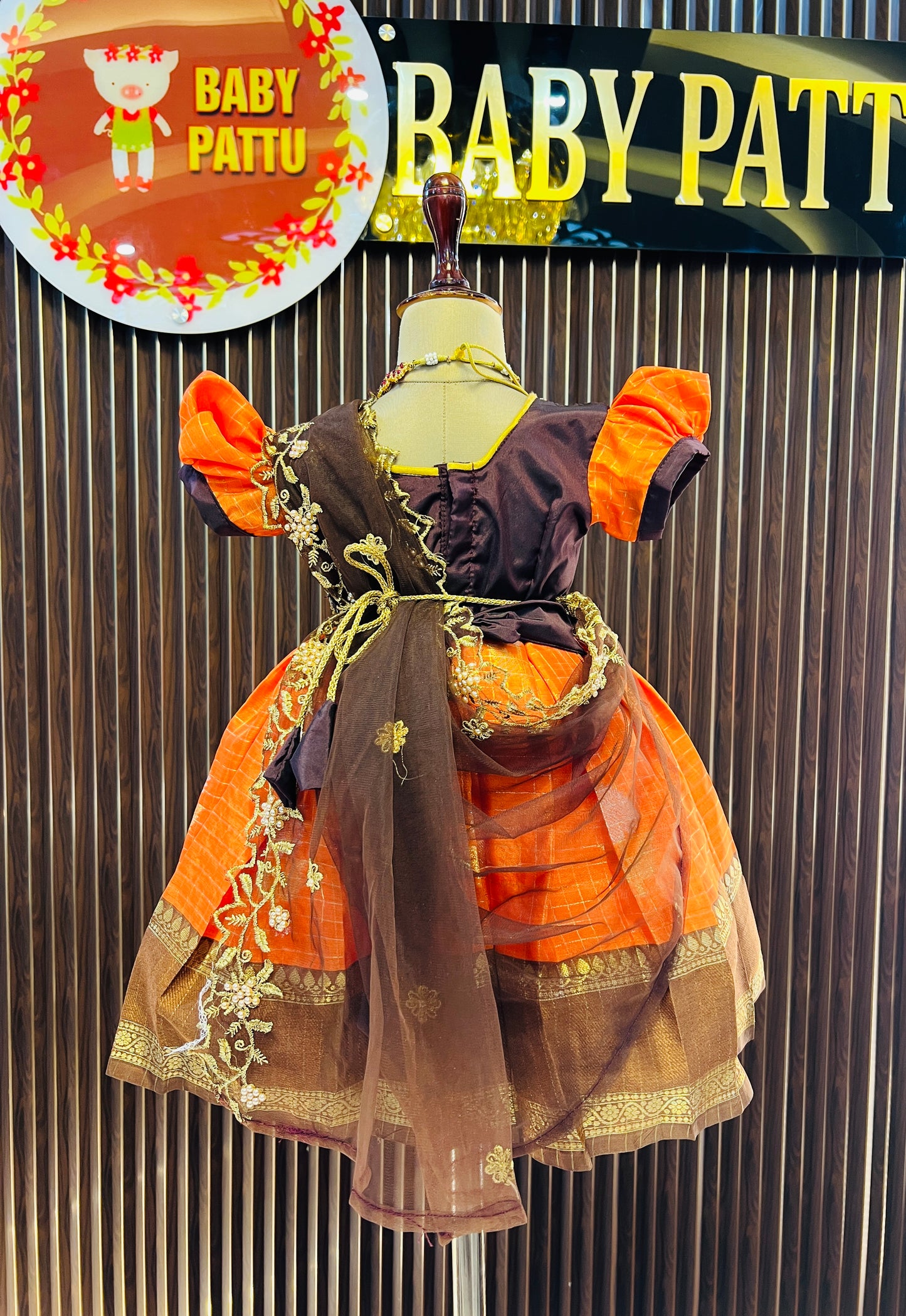 Chocolate Brown & Orange Frock with Detachable Dupatta