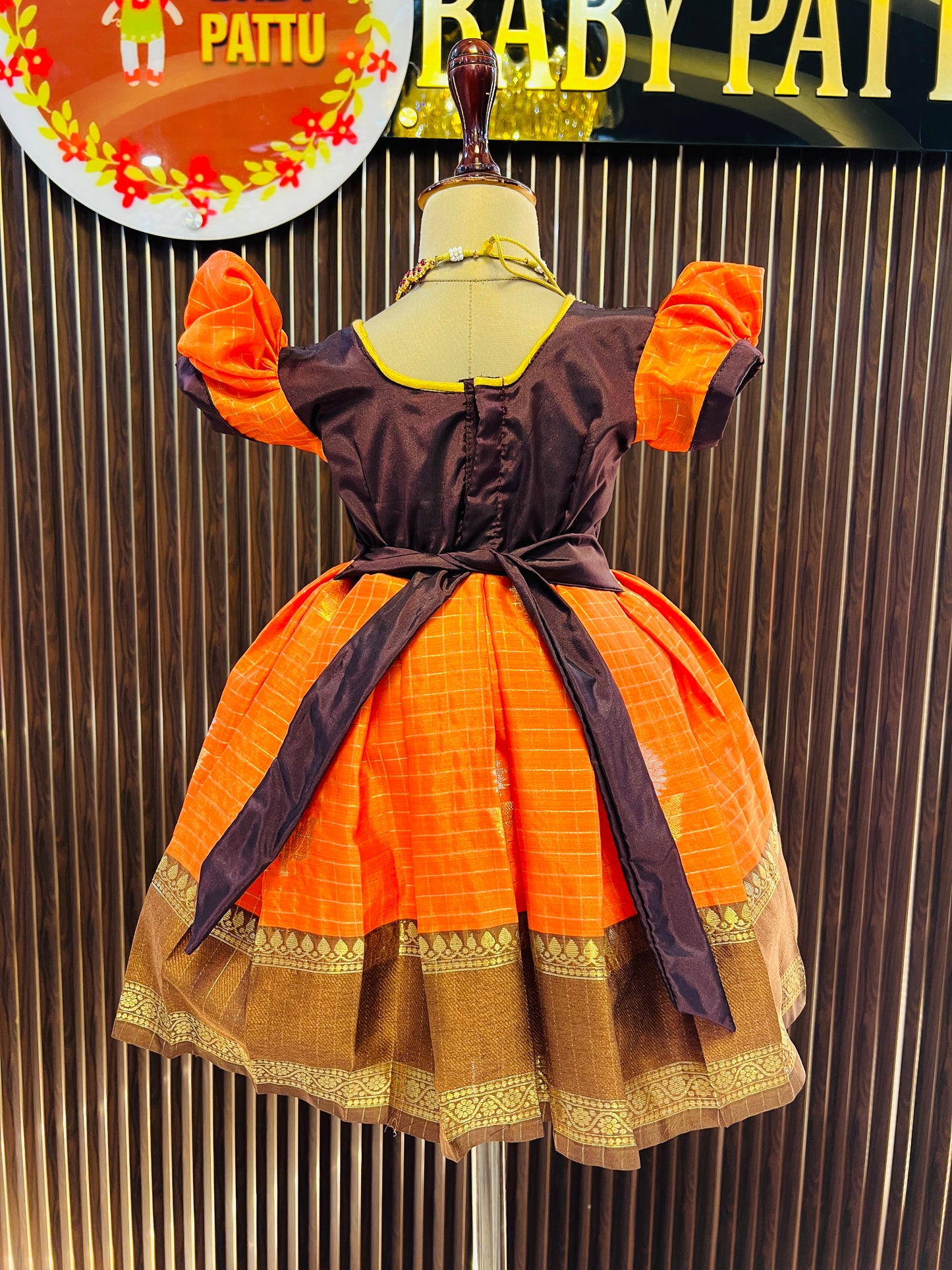Chocolate Brown & Orange Frock with Detachable Dupatta