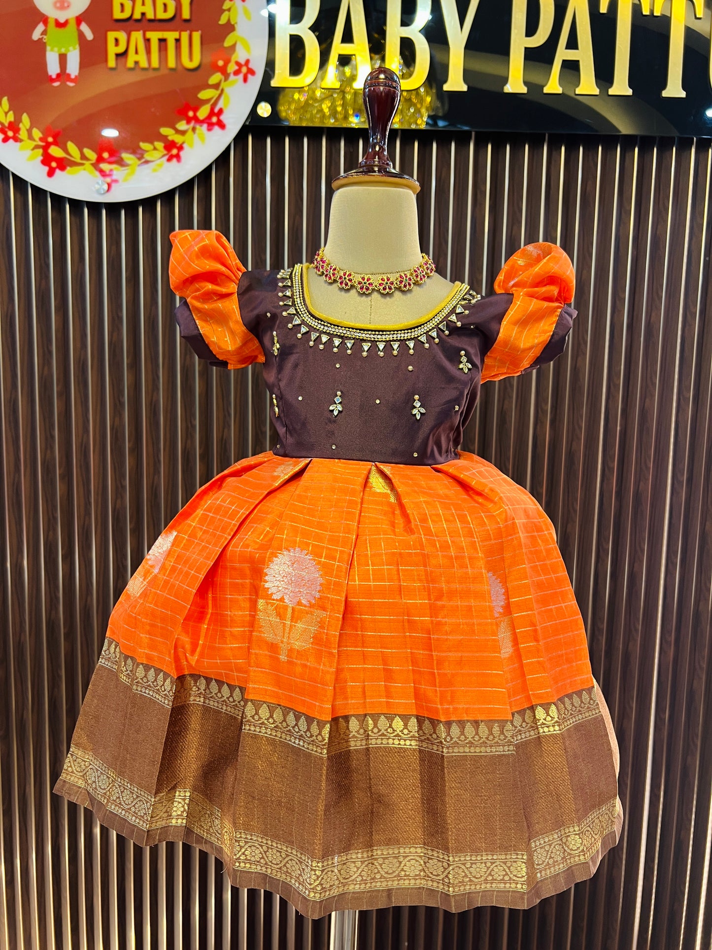 Chocolate Brown & Orange Frock with Detachable Dupatta