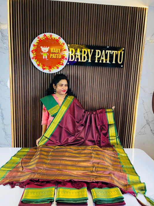 Wine And Green Color Soft Silk Saree