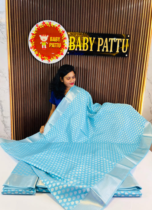 Leaf Pattern Sky Blue Color Kanchi Soft Silk Saree