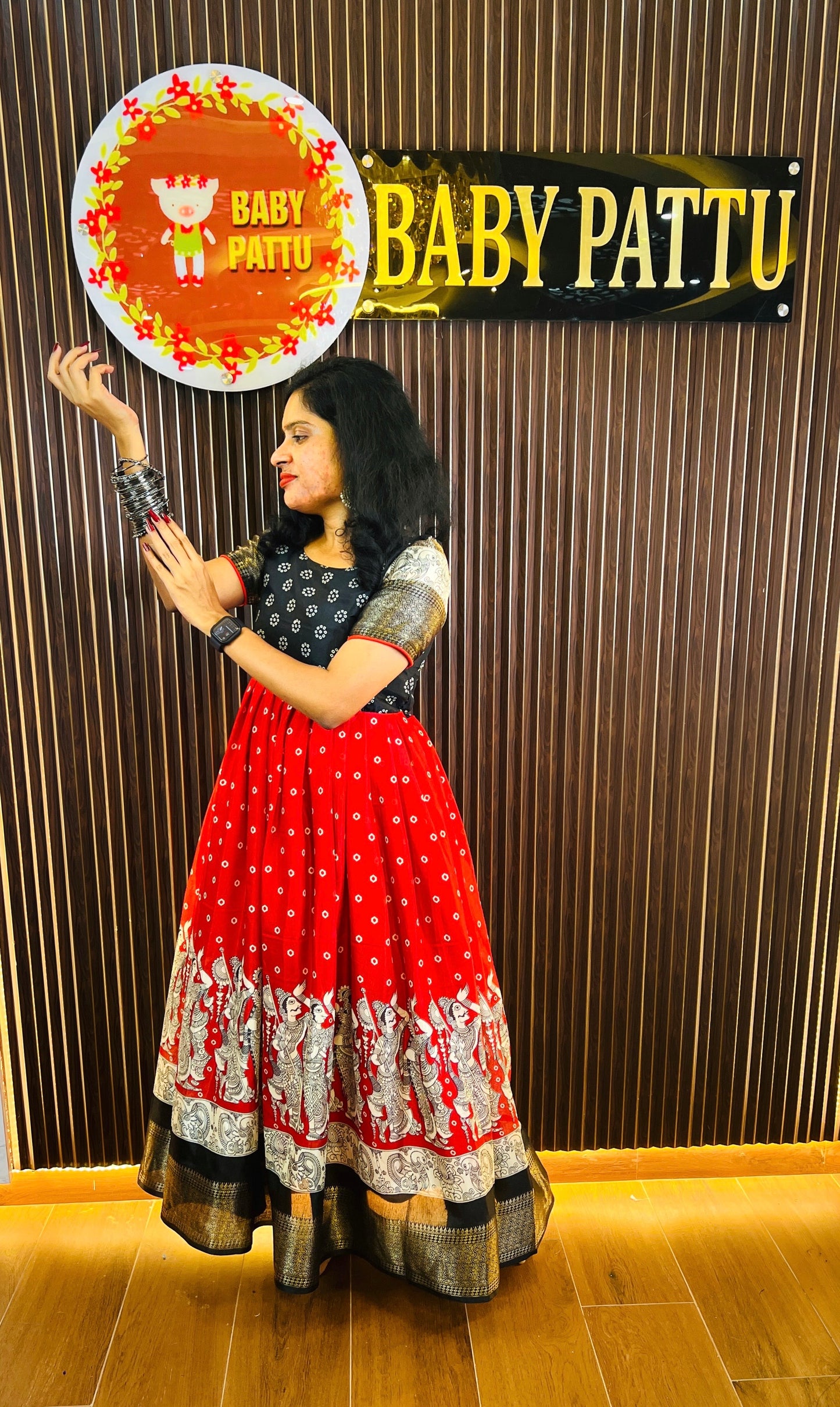 Red & Black Dola Silk Kalamkari Print Long Frock